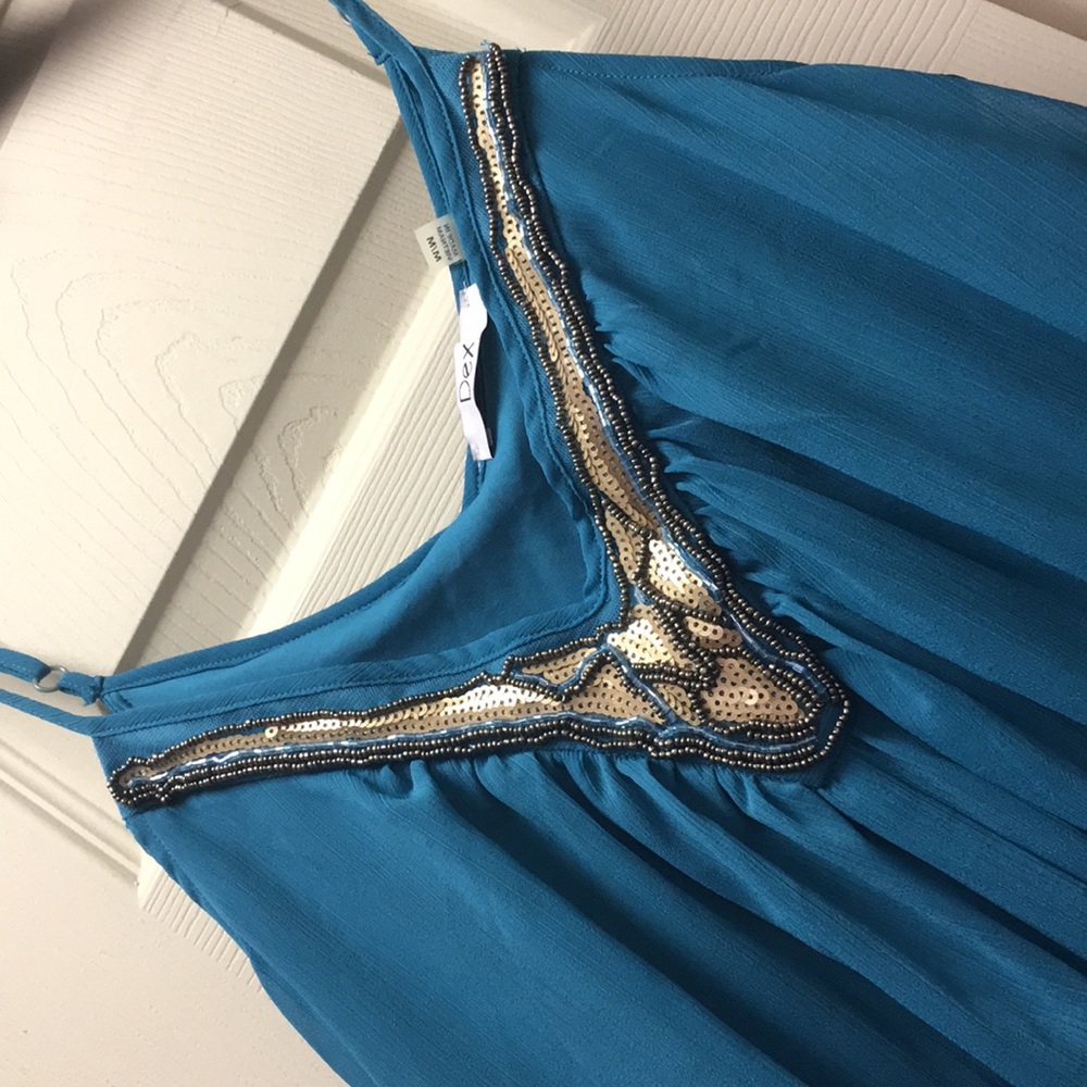 DEX M teal gold beaded v strap swing dress